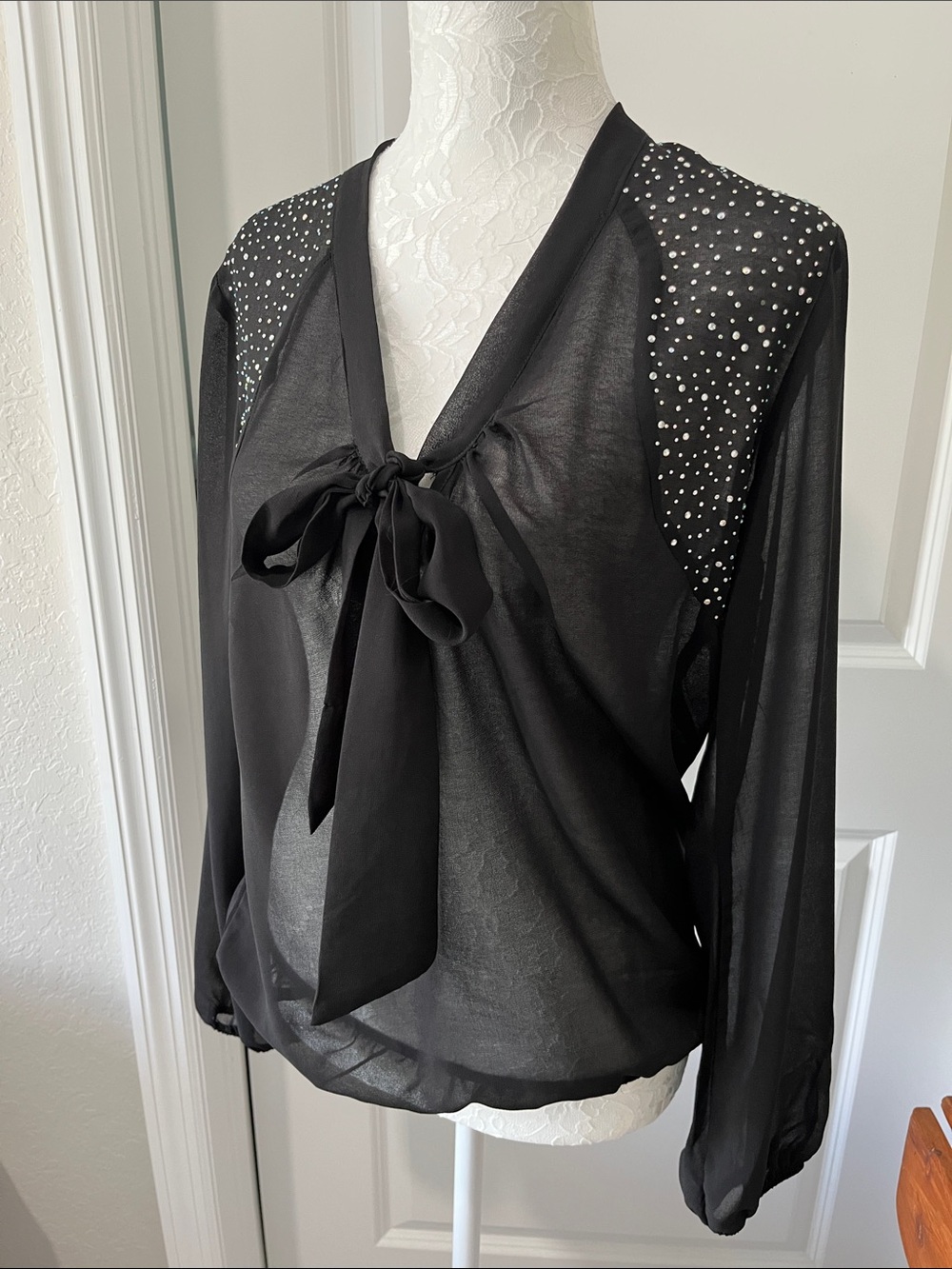 Spoiled Black Chiffon Sheer Bow-Front Blouse with Rhinestone Shoulders